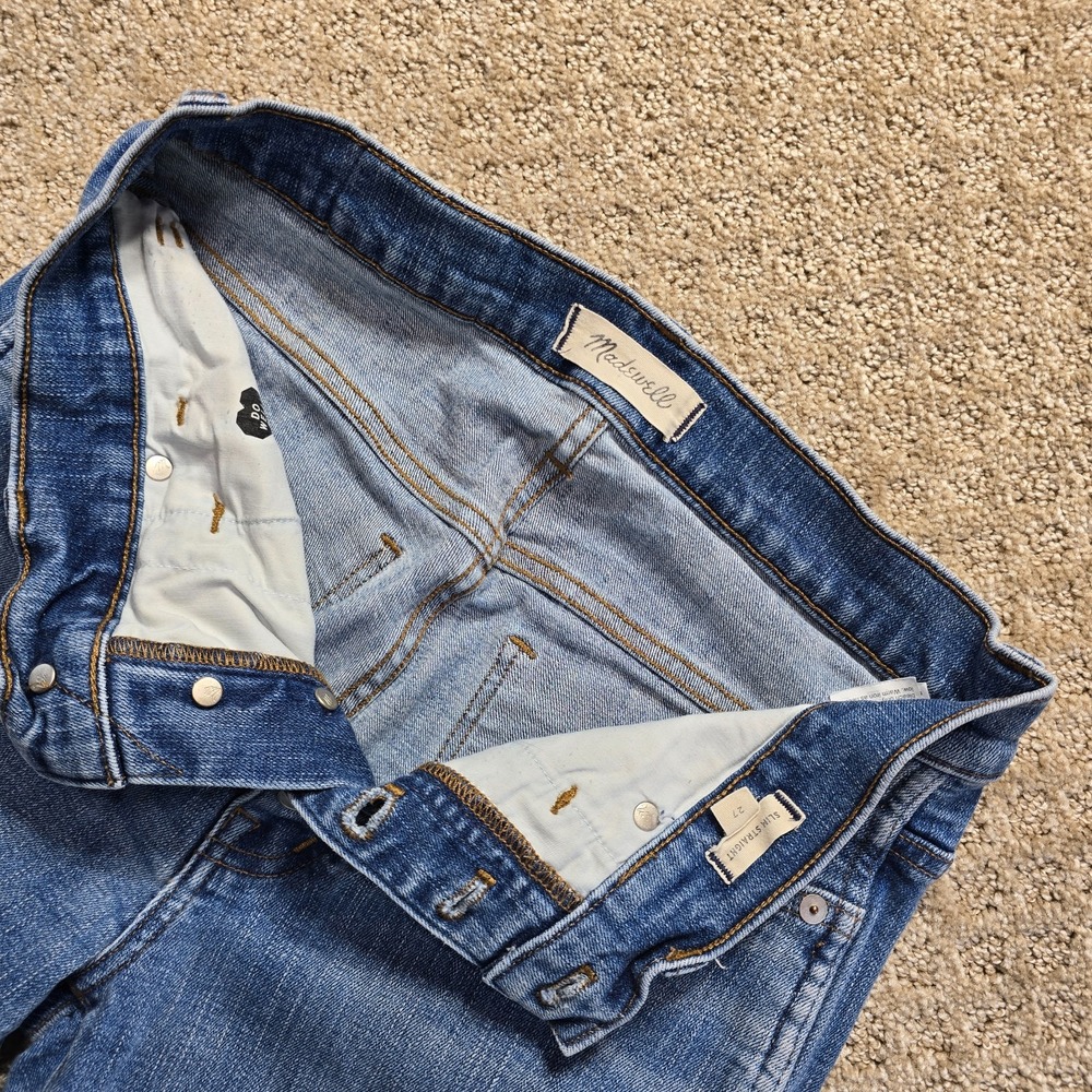 Madewell Women's 27 Slim Straight Jeans Button Fly Distressed Stretch Blue Denim